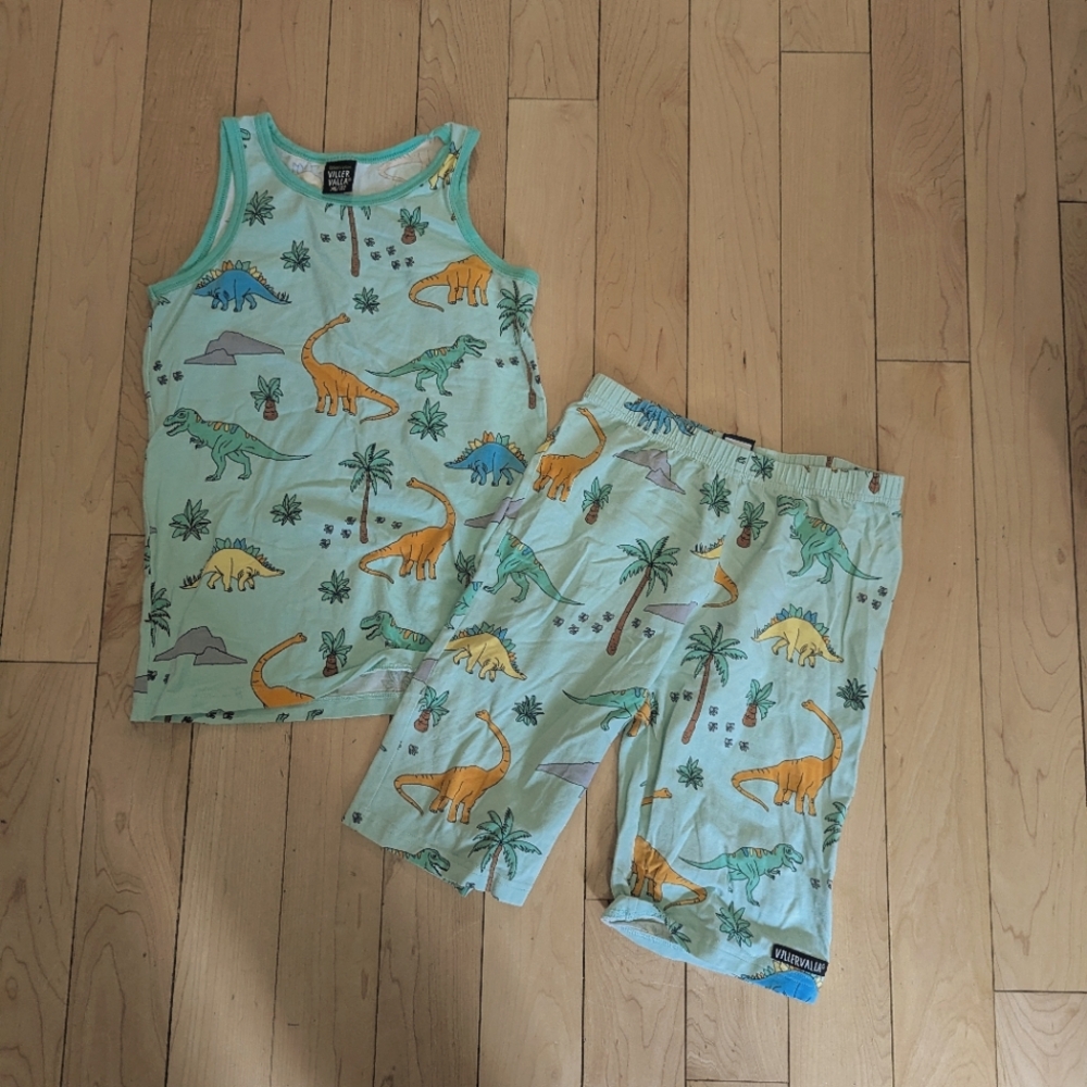 Villervalla Dinosaur Print Kids Pajamas Set - Green In Organic Cotton - Size 12